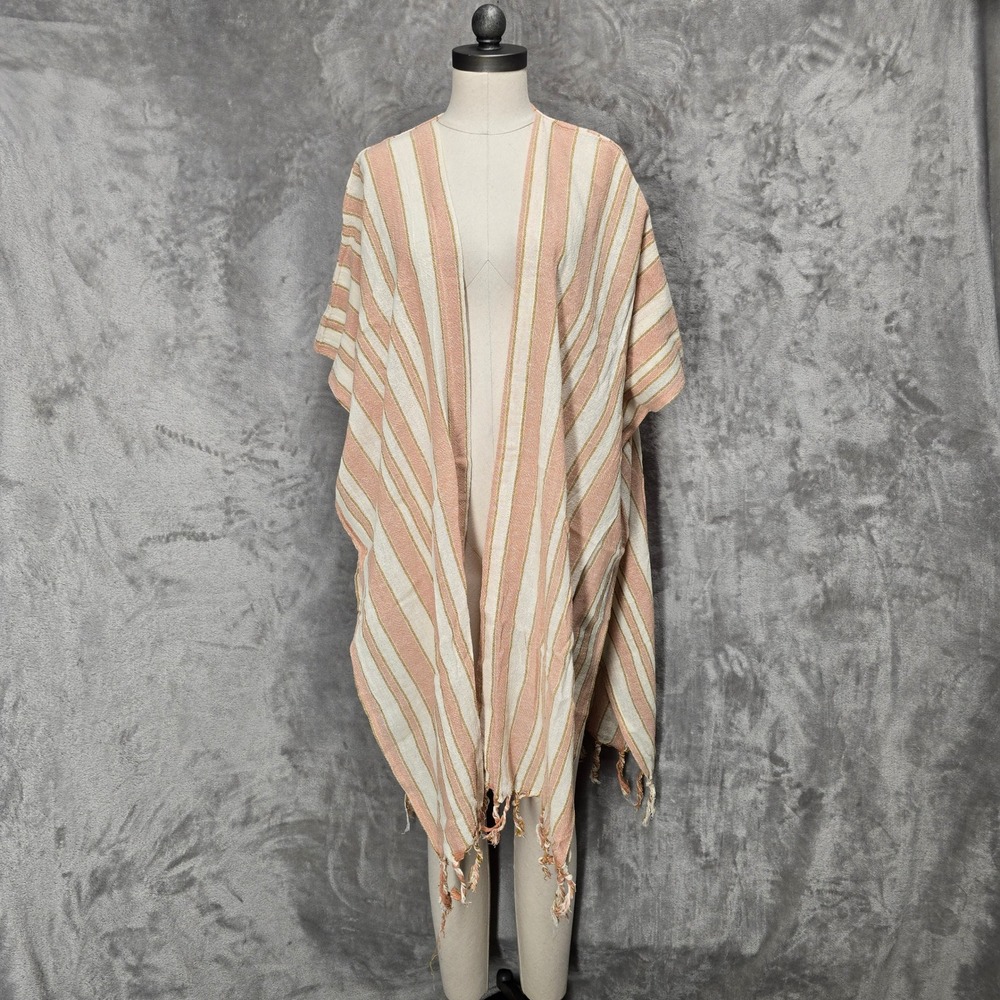 Rays for Days Kimono Women O/S Pink Striped Cotton Tassel Poncho Coverup Coastal